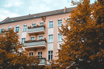 pink house with autumn trees