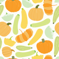 Seamless repeat pattern with different squash and pumpkins. Hand drawn vector illustration. Flat style design. Concept for autumn harvest, healthy eating, textile print, wallpaper, wrapping paper.