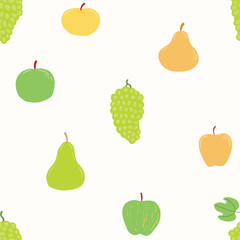 Seamless repeat pattern with apples, pears, grapes. Hand drawn vector illustration. Flat style design. Concept for autumn harvest, healthy eating, textile print, wallpaper, wrapping paper.