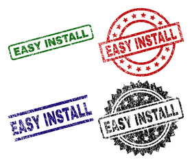 EASY INSTALL seal prints with distress style. Black, green,red,blue vector rubber prints of EASY INSTALL text with grunge style. Rubber seals with round, rectangle, medal shapes.