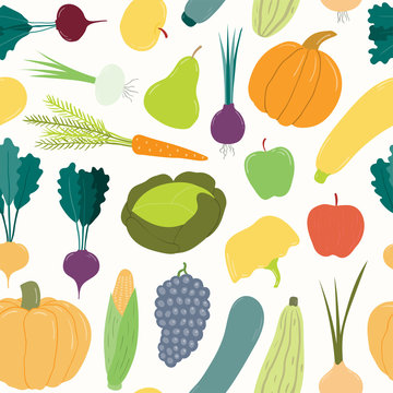 Seamless repeat pattern with different fruits and vegetables. Hand drawn vector illustration. Flat style design. Concept for autumn harvest, healthy eating, textile print, wallpaper, wrapping paper.
