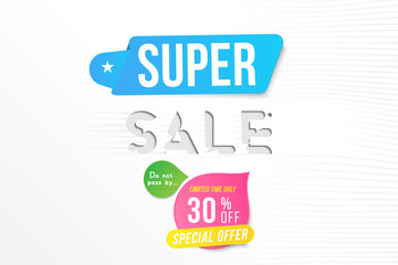 Super sale 30 off discount. Banner template for design advertising and poster with colors elements on white background. Flat vector illustration EPS 10