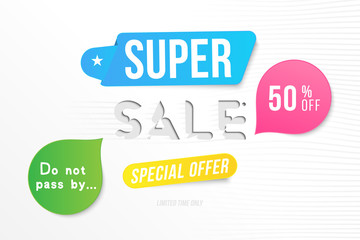 Super sale 50 off discount. Banner template for design advertising and poster with colors elements on white background. Flat vector illustration EPS 10