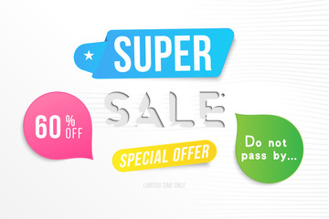 Super sale 60 off discount. Banner template for design advertising and poster with colors elements on white background. Flat vector illustration EPS 10