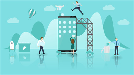 Mobile Application Development Concept with Big Phone and Little People. Experienced Teamwork and Collaboration. Usable for Website, Poster, Presentation Templates.