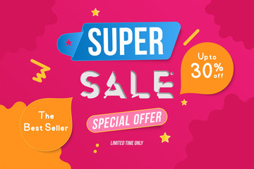 Super Sale color banner template design with decorative elements. Big sale special up to 30 off. Special offer for market and shop. Flat vector illustration EPS 10