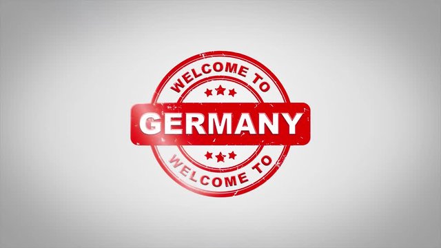 Welcome to GERMANY Signed Stamping Text Wooden Stamp Animation. Red Ink on Clean White Paper Surface Background with Green matte Background Included.