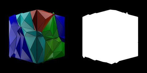 3d render abstract backgrouny. Triangular and extruded cube geometry. Positive colored fractured geometry. Image with mask...