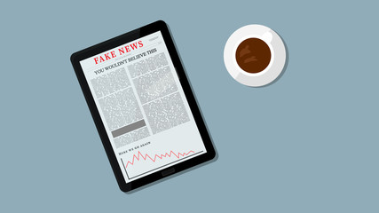 Internet Fake News Illustration. Fake Headline on Tablet. People Reading Fake News Concept. Coffee and Table in the Background.