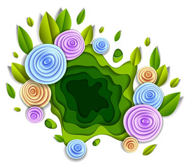 Design with flowers and leaves paper cut style, vector floral illustration. Wedding invitation or romantic greeting card.