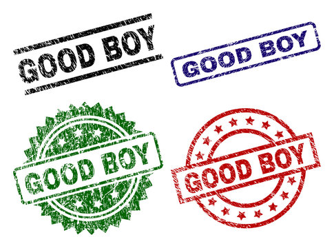 GOOD BOY seal prints with distress style. Black, green,red,blue vector rubber prints of GOOD BOY title with unclean style. Rubber seals with round, rectangle, rosette shapes.