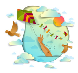 Obraz premium Hand holding kite over cloudy sky birds flying and sun, freedom and easiness emotional concept, vector modern style paper cut 3d illustration.