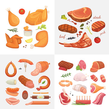 Different Kind Of Meat Food Icons Set Vector. Raw Ham, Set Grill Chiken, Piece Of Pork, Meatloaf, Whole Leg, Beef And Sausages.