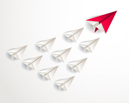 Leadership concept visualized with origami folded plane toys one of them is flying in the front and leading the team group, vector modern style 3d illustration.