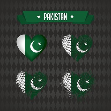 Pakistan. Collection of four vector hearts with flag. Heart silhouette