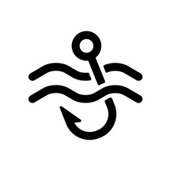 Fishing hook and water. Simple icon. Black on white background