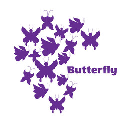 illustration. Silhouettes of purple butterflies. White background