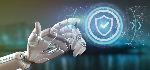 Cyborg hand holding a Technology security icon on a circle 3d rendering