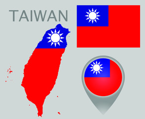 Obraz na płótnie Canvas Colorful flag, map pointer and map of Taiwan in the colors of the Taiwanese flag. High detail. Vector illustration