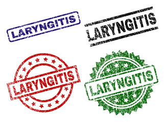 LARYNGITIS seal prints with corroded texture. Black, green,red,blue vector rubber prints of LARYNGITIS title with dirty texture. Rubber seals with circle, rectangle, rosette shapes.