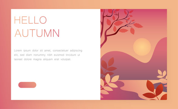 Hello autumn card with landscape. Landing page template.