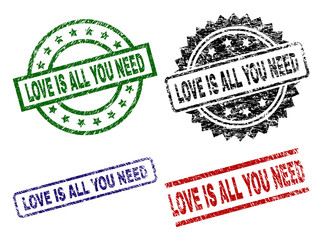 LOVE IS ALL YOU NEED seal prints with corroded surface. Black, green,red,blue vector rubber prints of LOVE IS ALL YOU NEED tag with scratched surface. Rubber seals with circle, rectangle,