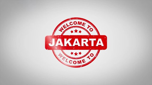 Welcome to JAKARTA Signed Stamping Text Wooden Stamp Animation. Red Ink on Clean White Paper Surface Background with Green matte Background Included.