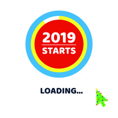 2019 almost starts loading page with  arrow green christmas tree cursor pointer. Flat style design invitation to the xmas or new year party postcard vector illustration isolated on white background.