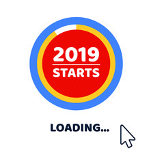 2019 almost starts loading page with rounded angles arrow cursor pointer. Flat style design invitation to the xmas or new year party event postcard vector illustration isolated on white background.