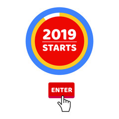 2019 almost starts, red button enter page with hand glove cursor pointer push button. Flat style design invitation to xmas or new year party event postcard vector illustration isolated on background.