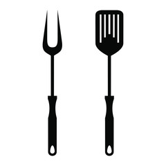 BBQ or grill tools icon in flat design. Sign barbecue fork with spatula. Isolated black symbols on white background. Simple silhouette BBQ tools. Logo. Vector illustration
