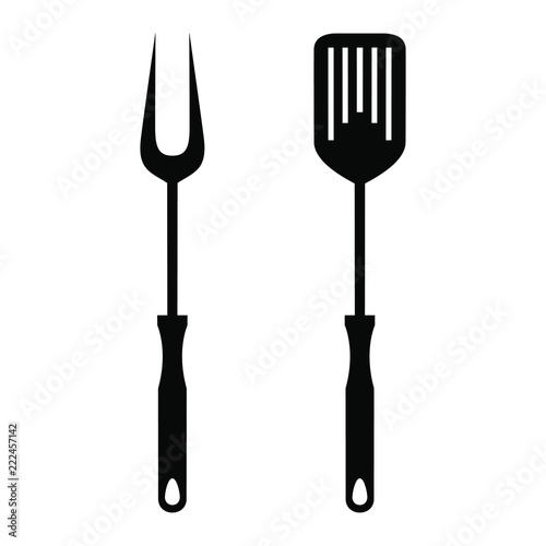 "BBQ or grill tools icon in flat design. Sign barbecue fork with