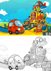Obraz na płótnie Canvas cartoon scene with different vehicles in the city car and flying machine - fire brigade plane - with artistic coloring page - illustration for children