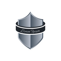 Grey shield and round ribbon with the inscription compounds in one element, logo template. Symbol of protection for companies and security agencies.