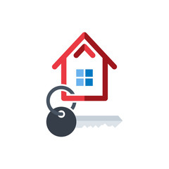 Red symbol of the house of thick rounded lines with grey key, logo template. For real estate agencies and construction company. Vector illustration.