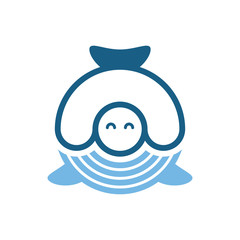 Cartoon whale logo template. Funny cartoon blue whale in the shape of a circle. Vector illustration.