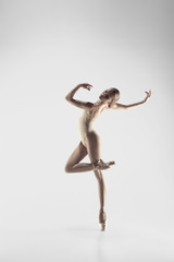 Young graceful female ballet dancer or classic ballerina dancing on white studio. Caucasian model...