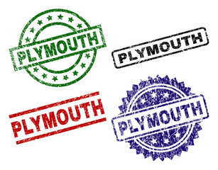 PLYMOUTH seal prints with corroded style. Black, green,red,blue vector rubber prints of PLYMOUTH text with corroded style. Rubber seals with round, rectangle, rosette shapes.