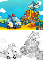 Obraz na płótnie Canvas cartoon scene with different vehicles in the city car and flying machine - plane and helicopter - with artistic coloring page - illustration for children