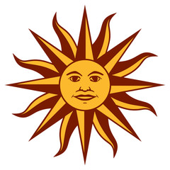 Icon the Inca sun God. Inti sun of may. Sign on Uruguayan flag. Isolated symbol on white background. Abstract vector illustration