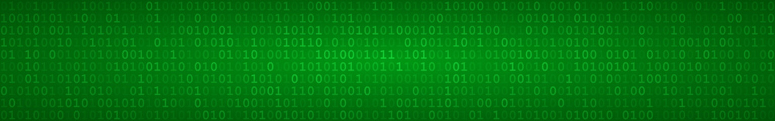 Abstract horizontal banner or background of zeros ad ones in green colors.