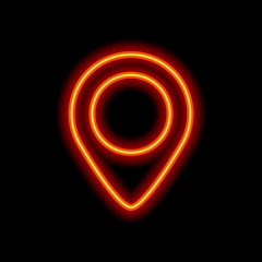 map label icon. Orange neon style on black background. Light ico