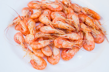 boiled red shrimp on white plate, seafood background