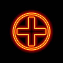 Medical cross icon. Orange neon style on black background. Light