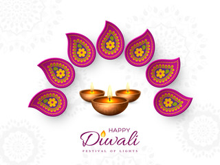 Diwali festival holiday design with paper cut style of Indian Rangoli and diya - oil lamp. Purple color on white background. Vector illustration.