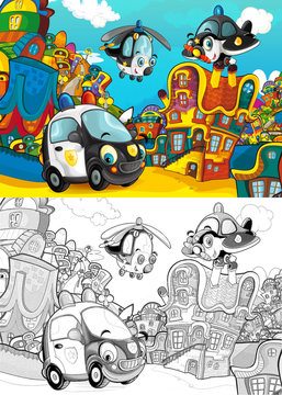 cartoon scene with different vehicles in the city car and flying machines - plane and helicopter - with artistic coloring page - illustration for children