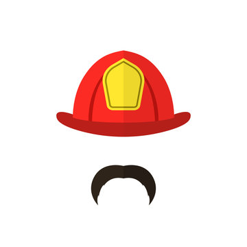 Firefighter with mustache wearing helmet. Men icon isolated on white background. Fire Department emblem. Vector illustration.