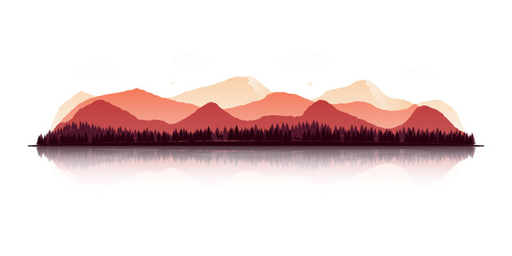 Landscape With Silhouettes Of Mountains, Forests, Deer, Wolf And Eagles In Autumn Colors. Panoramic View With Reflection. Vector Illustration.