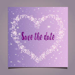 A mock romantic card - an invitation to a wedding. Save the date of the wedding - a beautiful floral frame in the shape of a heart close-up on a gradient background.