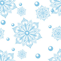 Holidays winter seamless pattern. Blue snowflakes on a white background.